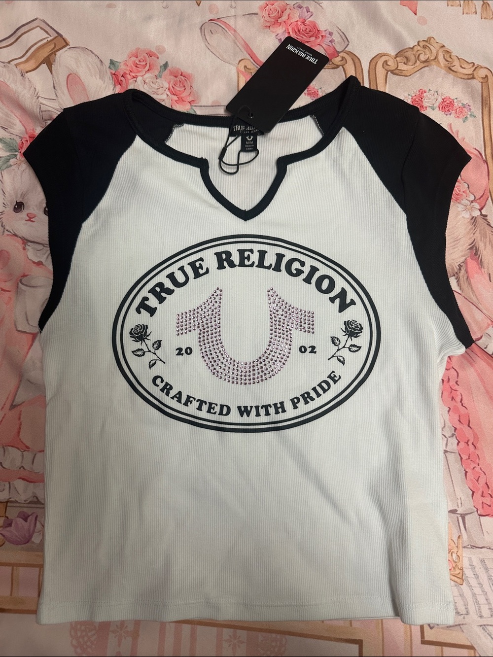 True Religion White Tee with Black Sleeves and Rhinestone Logo
